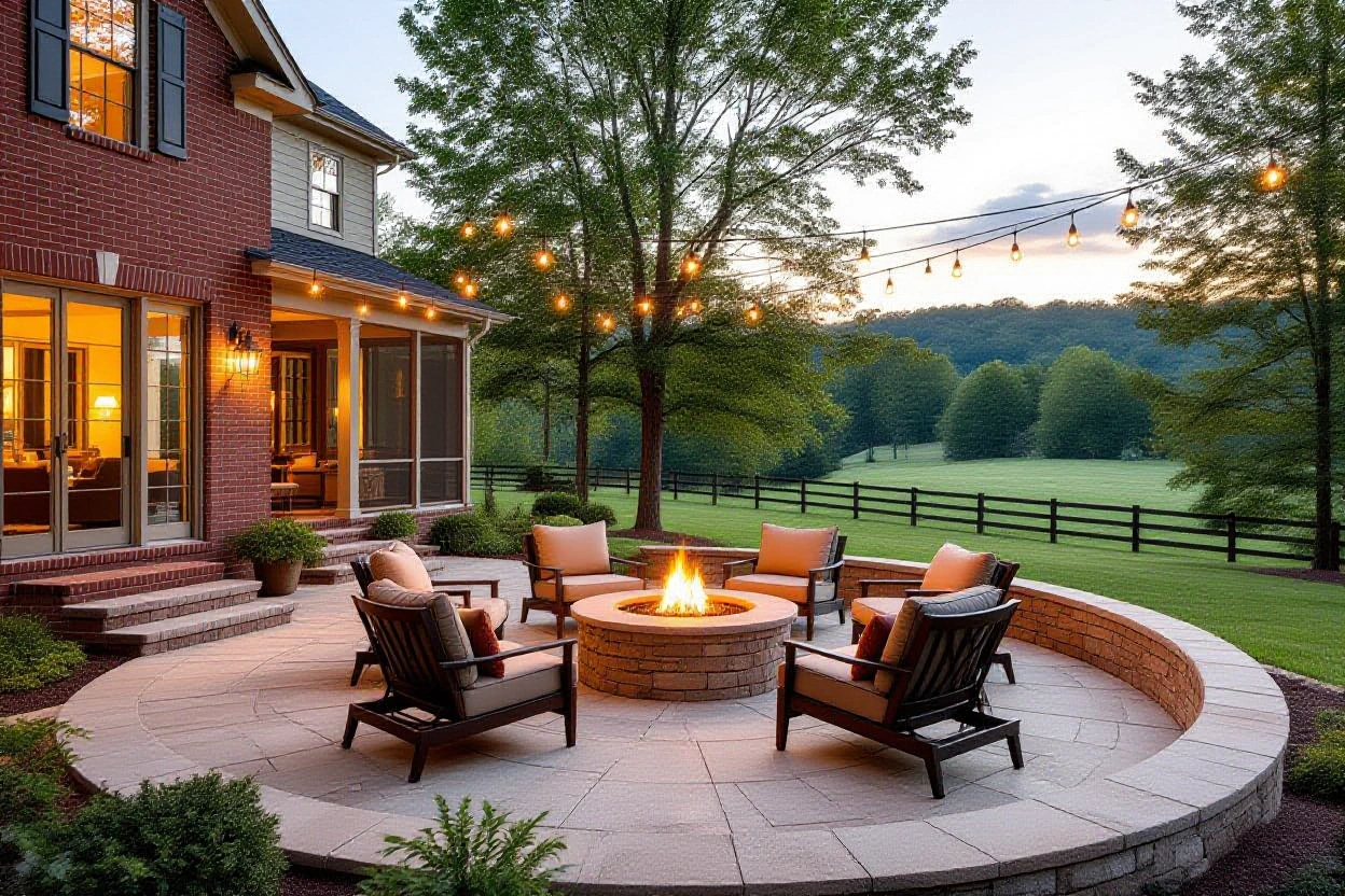 Paver patio with a stone fire pit and seating wall behind a brick home at dusk