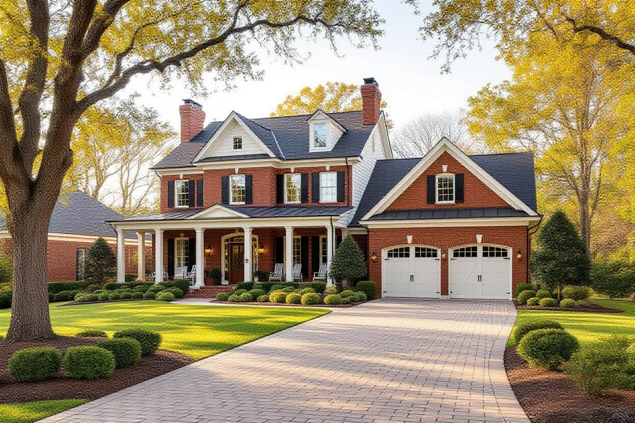 Red brick two-story home with a paver driveway under mature oaks