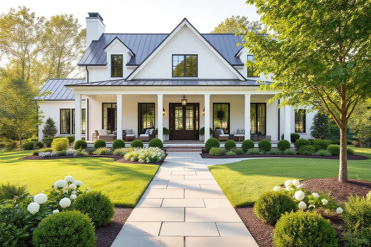 White painted-brick farmhouse with a stone slab front walk between hydrangea beds