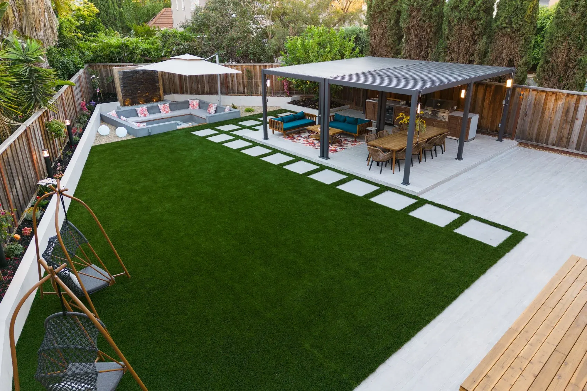 Aerial view of a lawn and a pavilion