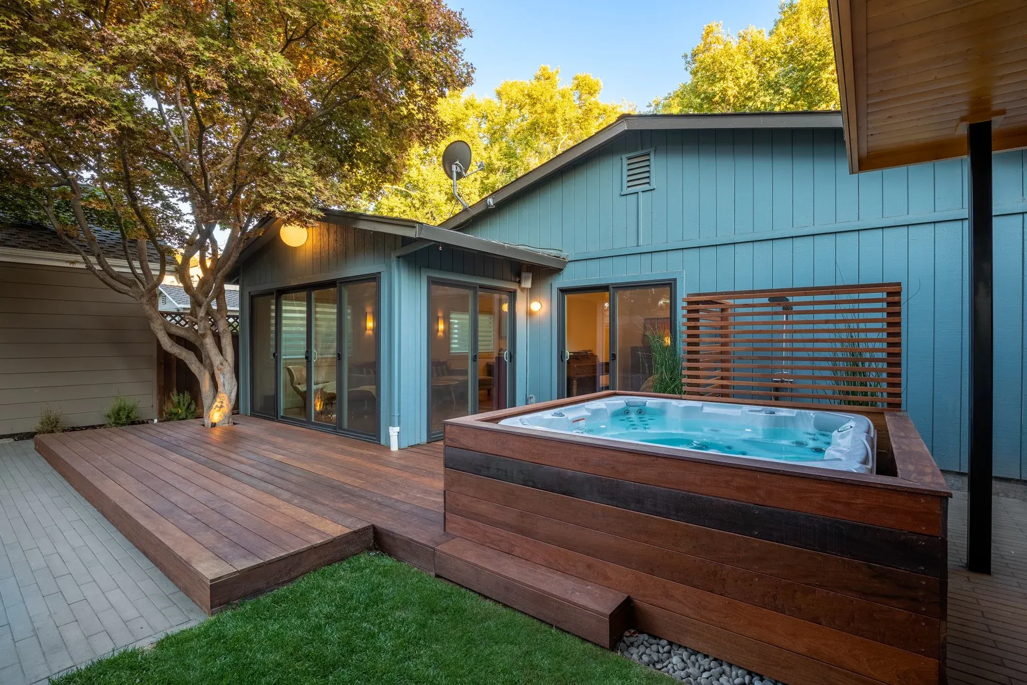 Spa built into a hardwood deck